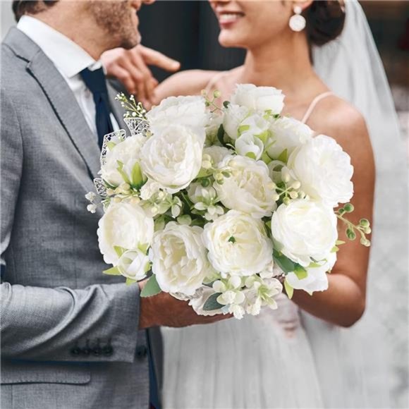 Artificial Peonies Silk Flowers, White Faux Peony Bouquet 4 Bundles Florals - Picture 3 of 6